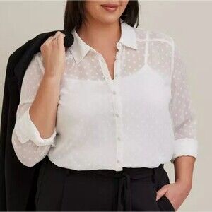 Torrid | Women Madison White Button-Up Shirt Chiffon Clip Dot Blouse L Work Cute